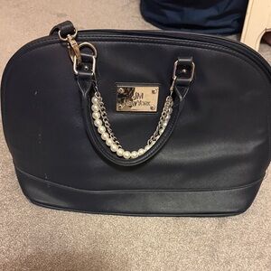 JM New York Black Dome Satchel with Pearl Chain Detail and Gold Plate